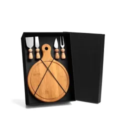 Kit para Queijo em Bambu e Inox com Tábua Redonda 5 Pçs SMKT-90100